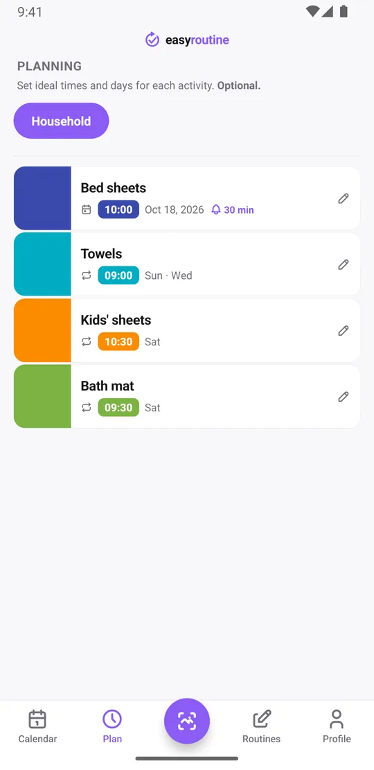 EasyRoutine Plan tab for the Household routine: bed sheets on the next single changing date at 10:00 with a bell 30 min before, towels on Sunday and Wednesday at 9:00, kids' sheets on Saturday at 10:30 and bath mat on Saturday at 9:30