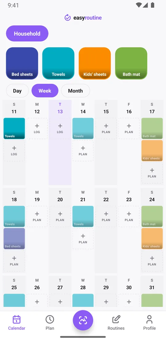 EasyRoutine week view of the Household routine with tiles for towels on Sunday and Wednesday and for the kids' sheets and bath mat on Saturday