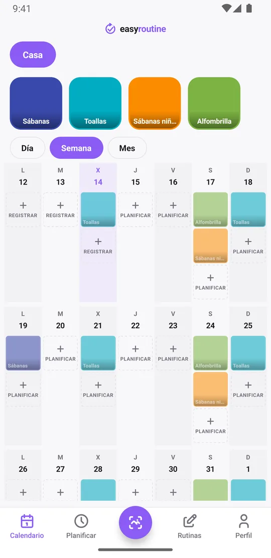 Vista Semana de la rutina Casa en EasyRoutine con tarjetas de toallas el domingo y el miércoles, y de sábanas de los niños y alfombrilla el sábado