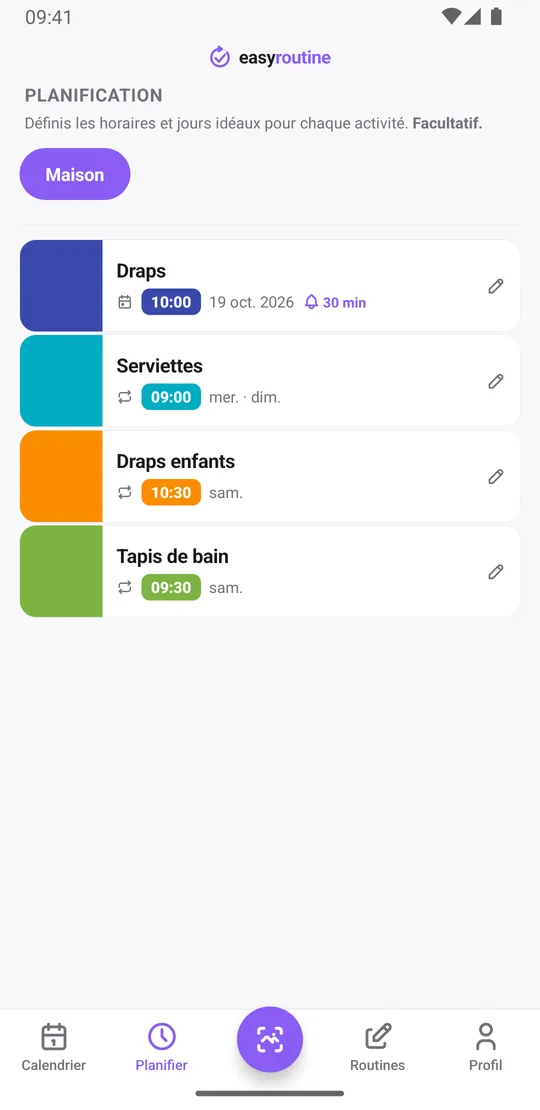 Onglet Planifier d'EasyRoutine pour la routine Maison : draps à leur prochaine date de changement à 10 h avec une cloche 30 min avant, serviettes le dimanche et le mercredi à 9 h, draps enfants le samedi à 10 h 30 et tapis de bain le samedi à 9 h 30