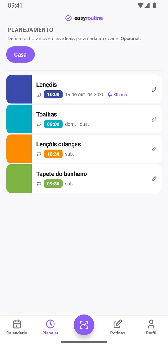 Aba Planejar do EasyRoutine para a rotina Casa: lençóis na próxima data de troca às 10:00 com sino 30 min antes, toalhas no domingo e na quarta às 9:00, lençóis das crianças no sábado às 10:30 e tapete do banheiro no sábado às 9:30