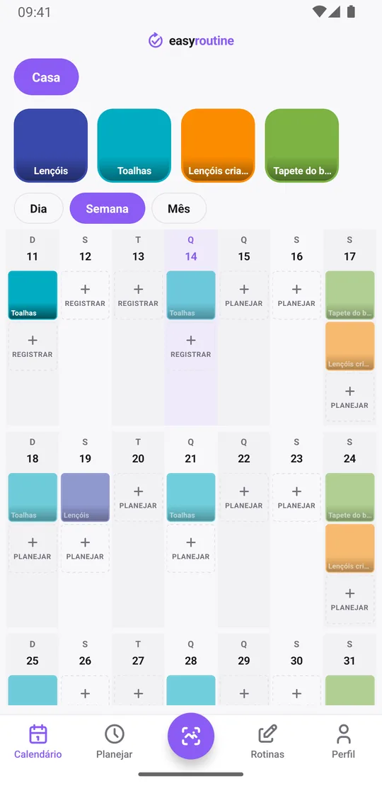 Visão Semana da rotina Casa no EasyRoutine com blocos de toalhas no domingo e na quarta, e de lençóis das crianças e tapete do banheiro no sábado