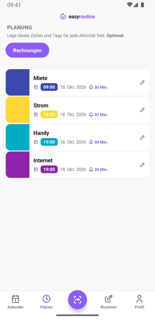 EasyRoutine-Tab Planen für die Routine Rechnungen mit Miete um 9:00 und Strom, Handy und Internet um 19:00, jeweils mit dem nächsten geplanten Fälligkeitstag und Glocke 30 Min. vorher