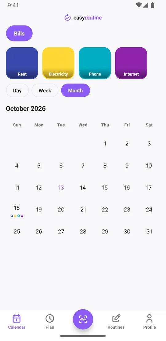 EasyRoutine month view of the Bills routine with a colored dot for each bill on the day it was paid