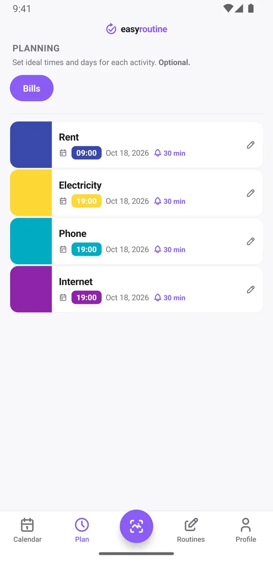EasyRoutine Plan tab for the Bills routine listing rent at 9:00 and electricity, phone and internet at 19:00, each with its next single-day due date and a bell 30 min before