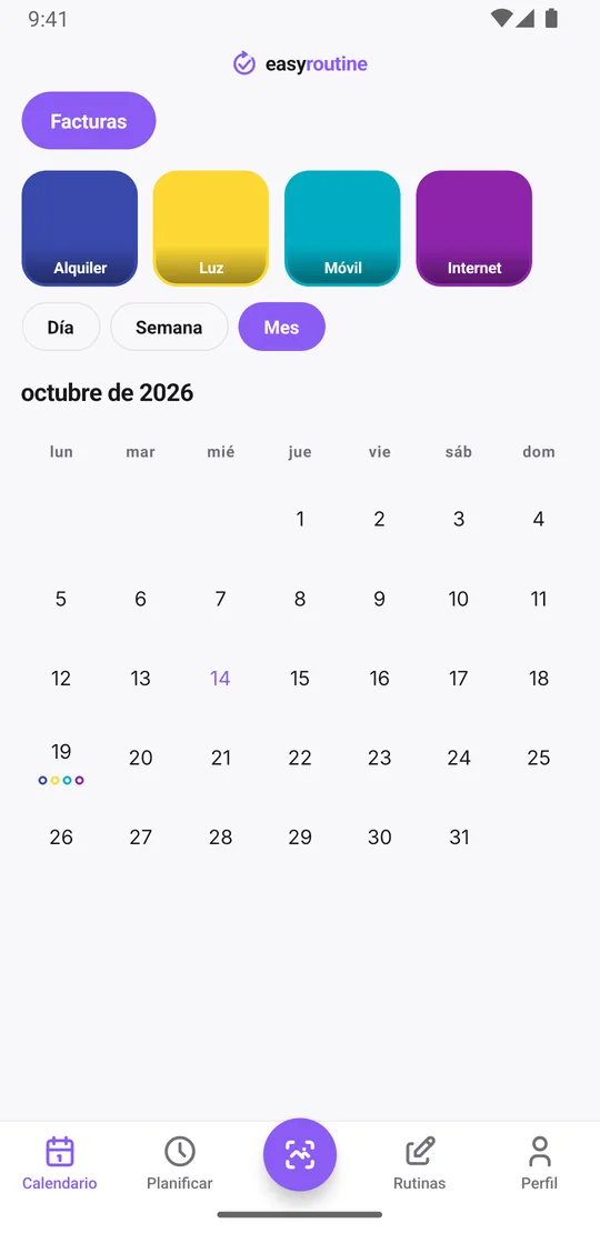 Vista mensual de EasyRoutine de la rutina Facturas con un punto de color por cada factura el día en que se pagó