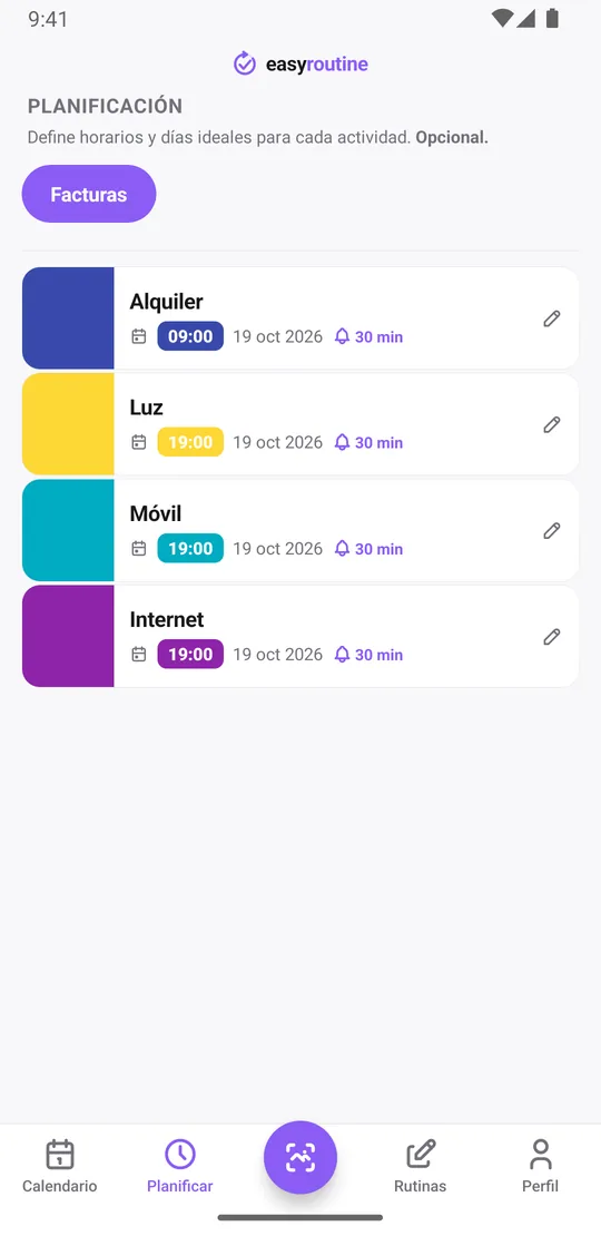 Pestaña Planificar de EasyRoutine para la rutina Facturas con el alquiler a las 9:00 y luz, móvil e internet a las 19:00, cada uno con su próximo vencimiento como plan de un solo día y campana 30 min antes