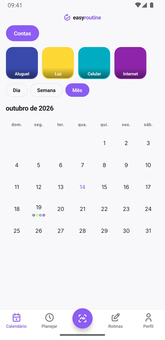 Visão mensal do EasyRoutine da rotina Contas com um ponto colorido para cada conta no dia em que foi paga