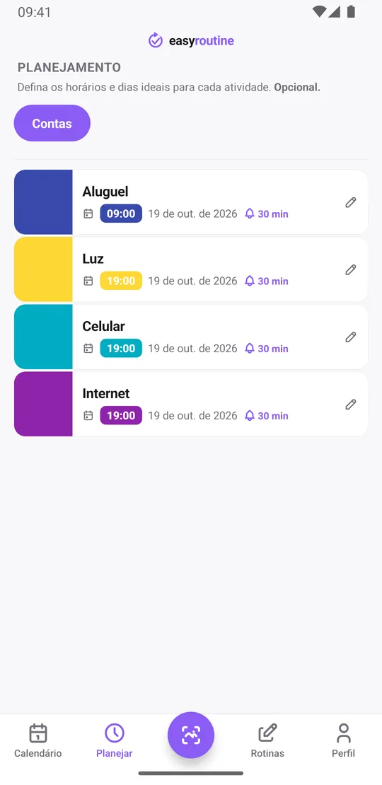 Aba Planejar do EasyRoutine para a rotina Contas com aluguel às 9:00 e luz, celular e internet às 19:00, cada um com o próximo vencimento como plano de dia único e sino 30 min antes