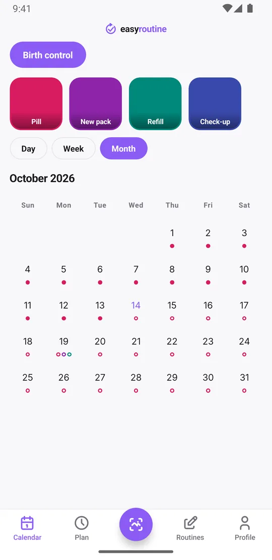 EasyRoutine month view of a Birth control routine with a dot for the daily pill on most days and extra dots on the days a new pack was started and a refill was picked up
