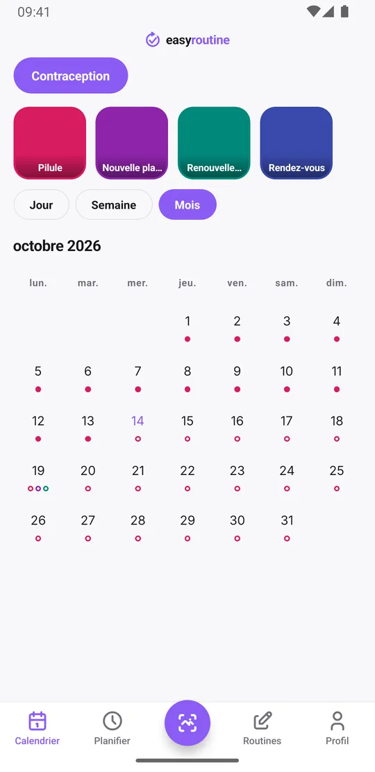 Vue mois d'EasyRoutine pour une routine Contraception, avec un point pour la pilule quotidienne la plupart des jours et des points en plus les jours où une nouvelle plaquette a été commencée et un renouvellement récupéré