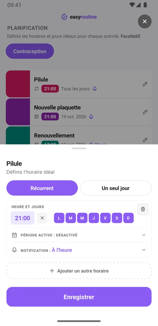 Fiche de planning EasyRoutine pour l'activité Pilule : récurrente les sept jours de la semaine à 21h00, avec une notification à l'heure