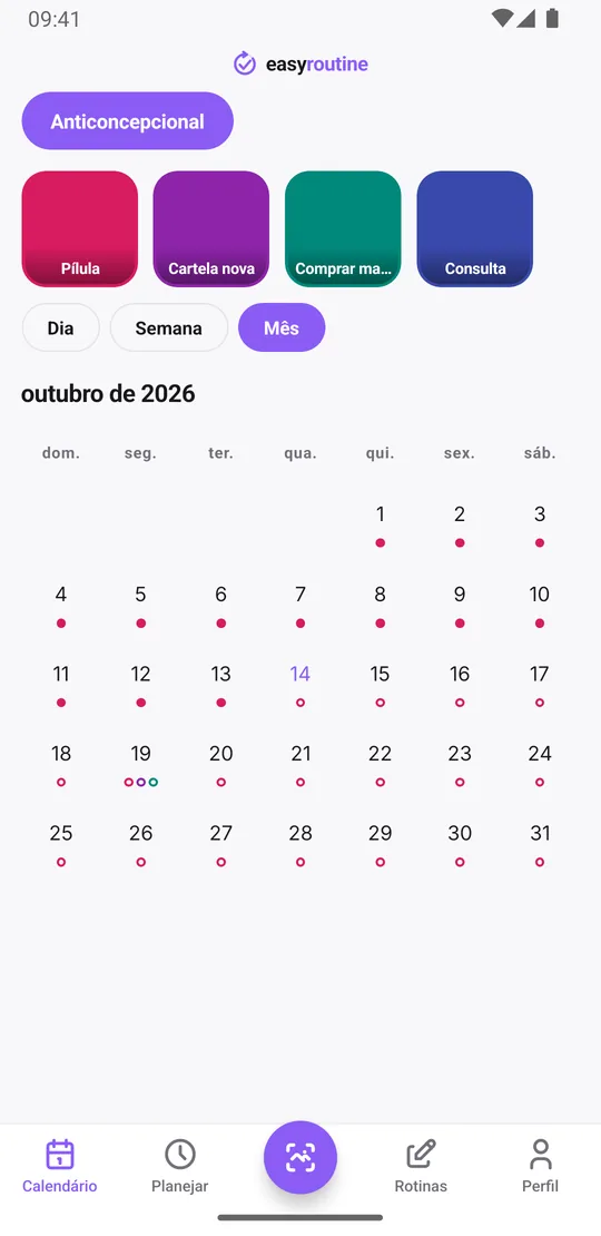 Visão mensal do EasyRoutine de uma rotina Anticoncepcional com um ponto da pílula diária na maioria dos dias e pontos extras nos dias em que uma cartela nova foi começada e mais pílulas foram compradas
