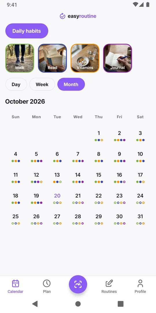 EasyRoutine month view of a Daily habits routine with colored dots for walk, reading, vitamins and journal on most days