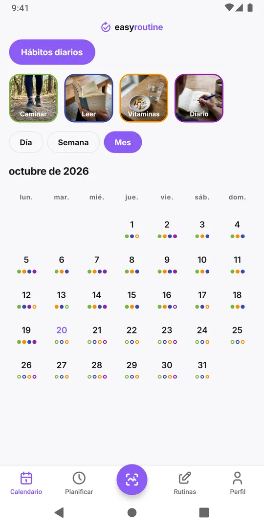 Vista Mes de EasyRoutine de una rutina Hábitos diarios con puntos de color para caminar, leer, vitaminas y diario en casi todos los días