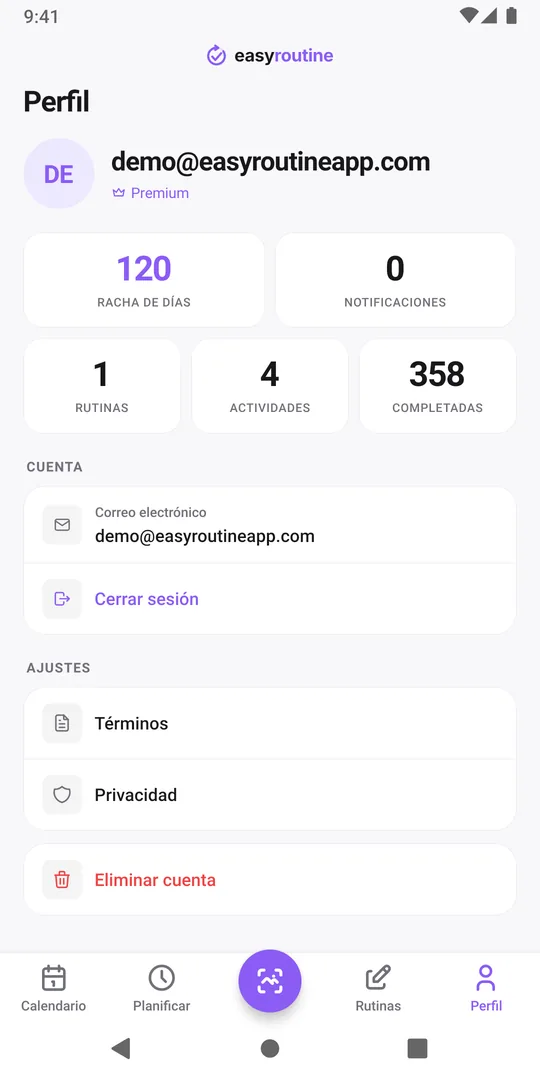Pestaña Perfil de EasyRoutine con las tarjetas Racha de días, Notificaciones, Rutinas, Actividades y Completadas