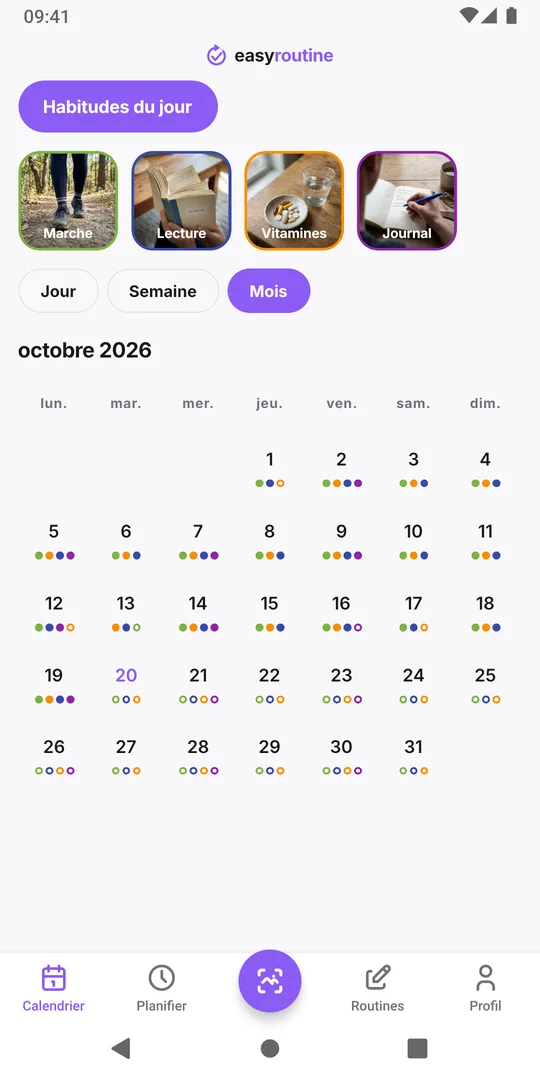 Vue Mois d'EasyRoutine d'une routine Habitudes du jour avec des points de couleur pour la marche, la lecture, les vitamines et le journal presque tous les jours