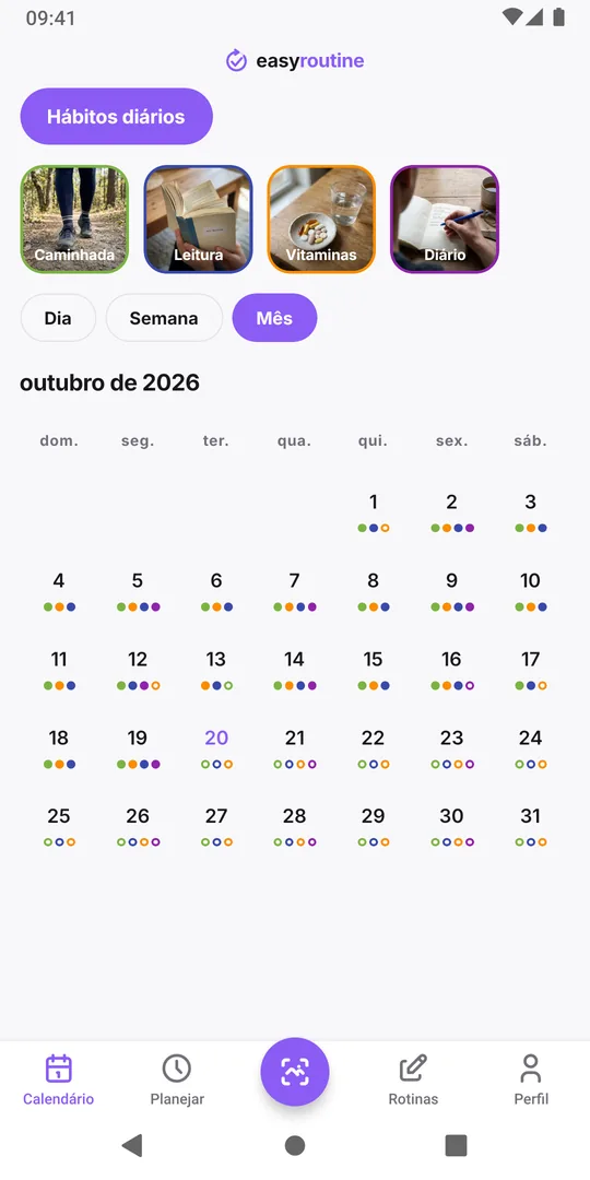 Visão Mês do EasyRoutine de uma rotina Hábitos diários com pontos coloridos para caminhada, leitura, vitaminas e diário na maioria dos dias