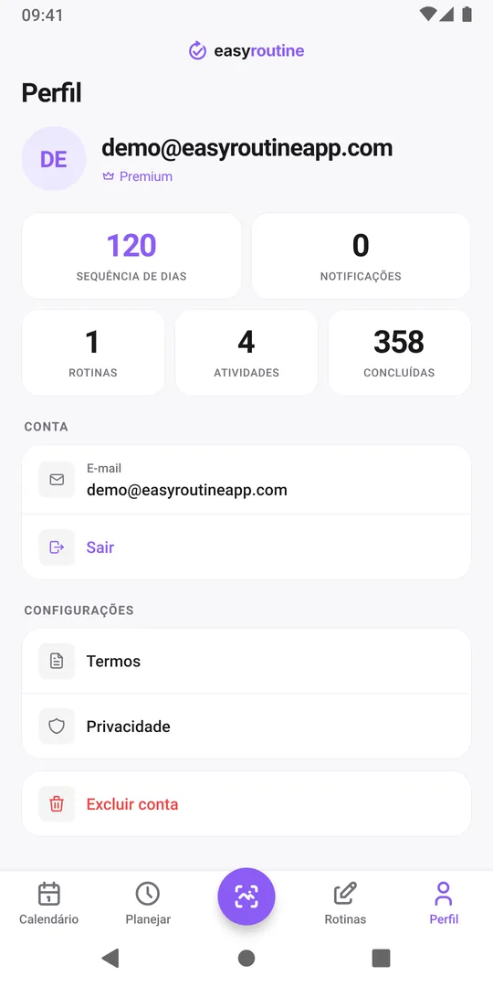 Aba Perfil do EasyRoutine com os blocos Sequência de dias, Notificações, Rotinas, Atividades e Concluídas