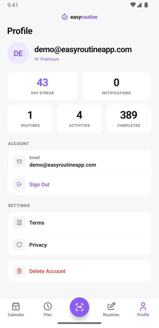 EasyRoutine Profile tab showing the Premium label under the account email, stats tiles, and the account options