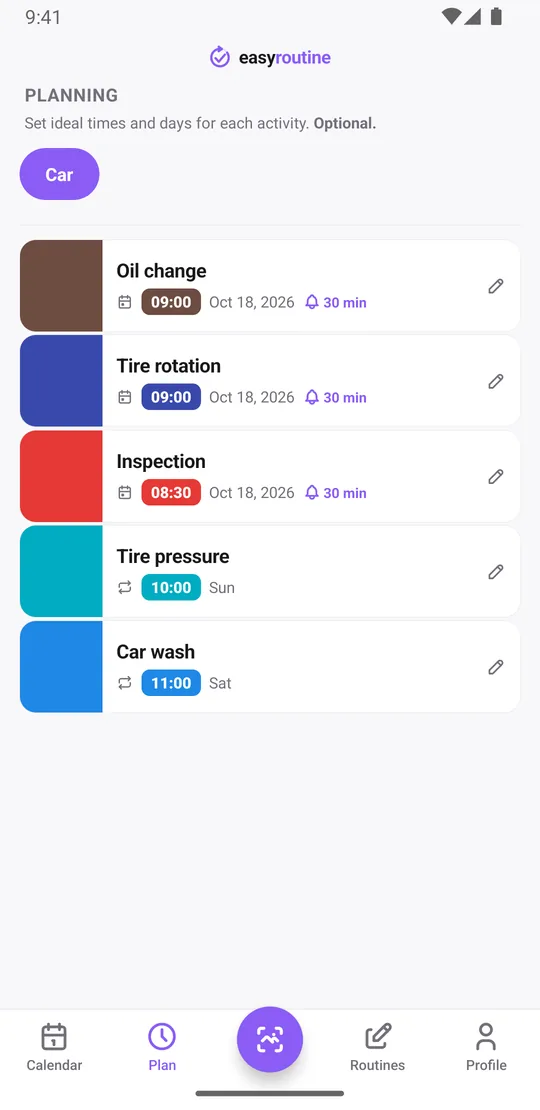 EasyRoutine Plan tab for the Car routine with oil change and tire rotation at 9:00 and inspection at 8:30 on single dates, each with a bell 30 min before, tire pressure every Sunday at 10:00 and car wash every Saturday at 11:00 without reminders