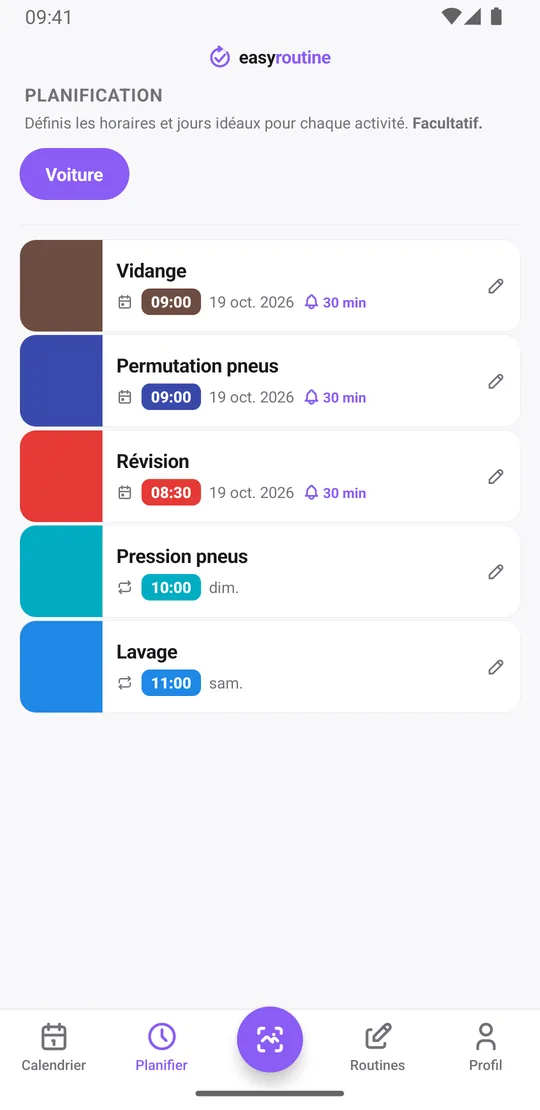 Onglet Planifier d'EasyRoutine pour la routine Voiture avec la vidange et la permutation des pneus à 9 h et la révision à 8 h 30 à des dates uniques, chacune avec une cloche 30 min avant, la pression des pneus chaque dimanche à 10 h et le lavage chaque samedi à 11 h sans rappel