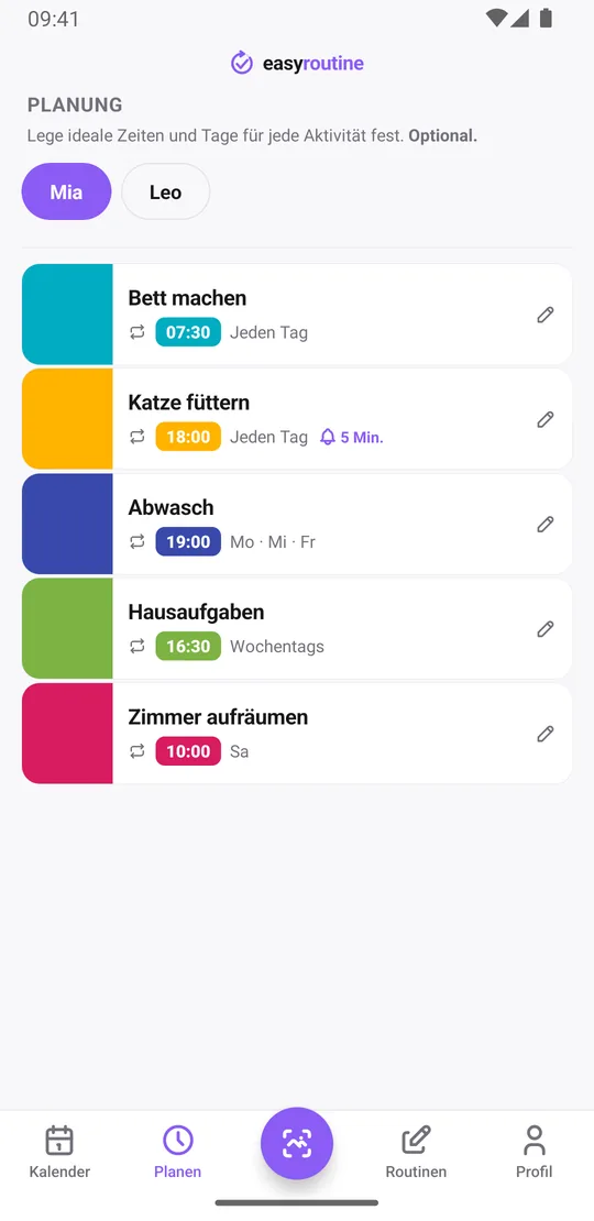 EasyRoutine Tab Planen für eine Routine namens Mia: Bett machen täglich, Katze füttern täglich mit einer Glocke für die Erinnerung 5 Minuten vorher, Abwasch Montag, Mittwoch und Freitag, Hausaufgaben wochentags und Zimmer aufräumen am Samstag