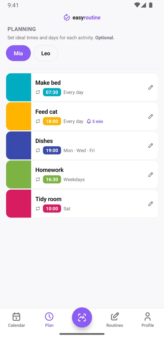 EasyRoutine Plan tab for a routine named Mia: make bed every day, feed cat every day with a reminder bell 5 minutes before, dishes on Monday, Wednesday and Friday, homework on weekdays and tidy room on Saturday