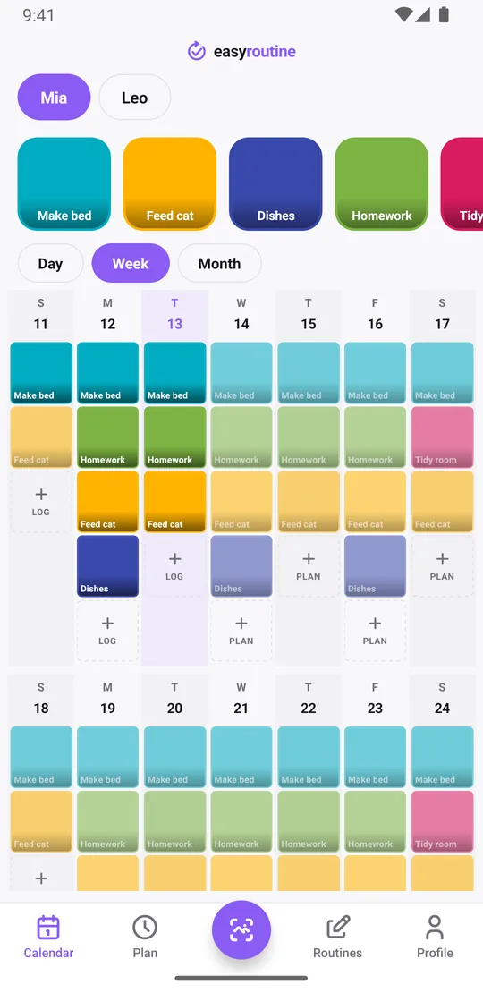 EasyRoutine week view of Mia's chores with colored tiles for chores logged and faded entries for chores planned but not logged