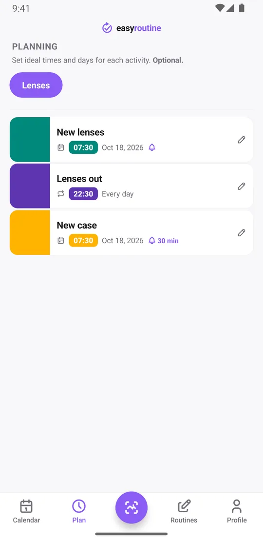 EasyRoutine Plan tab for the Lenses routine: New lenses on its next change date at 7:30 with an on-time reminder bell, Lenses out every day at 22:30 without a reminder, and New case on its next date at 7:30 with a bell 30 min before
