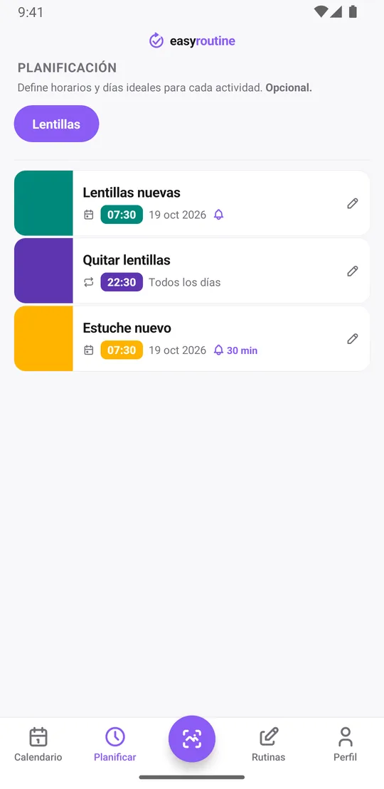 Pestaña Planificar de EasyRoutine con la rutina Lentillas: Lentillas nuevas en la próxima fecha de cambio a las 7:30 con campana de aviso a la hora, Quitar lentillas todos los días a las 22:30 sin aviso y Estuche nuevo en su próxima fecha a las 7:30 con campana 30 min antes