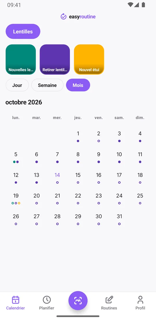 Vue Mois de la routine Lentilles dans EasyRoutine avec un point chaque soir pour le retrait des lentilles et un point d'une autre couleur toutes les deux semaines pour les nouvelles lentilles