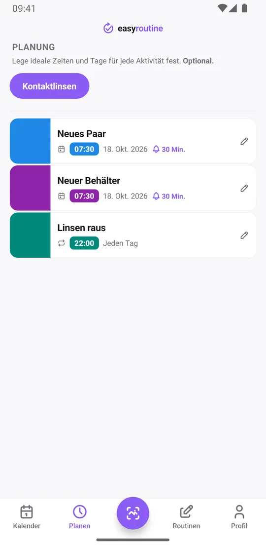 EasyRoutine-Tab Planen für die Routine Kontaktlinsen mit dem nächsten neuen Paar und neuen Behälter an einzelnen Terminen, jeweils mit einer Glocke für die Erinnerung 30 Minuten vorher, und Linsen raus jeden Abend