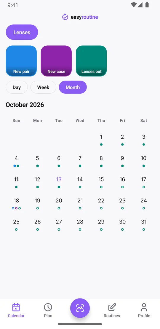 EasyRoutine month view of the Lenses routine with blue dots two weeks apart for each new pair and teal dots most evenings for taking lenses out