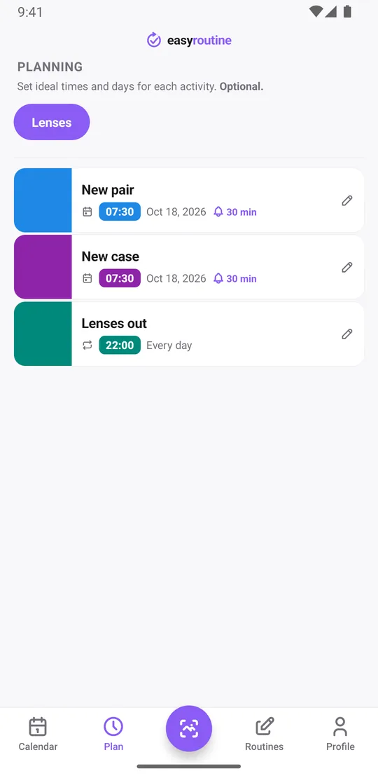 EasyRoutine Plan tab for the Lenses routine with the next new pair and new case on single dates, each with a reminder bell 30 minutes before, and lenses out every evening