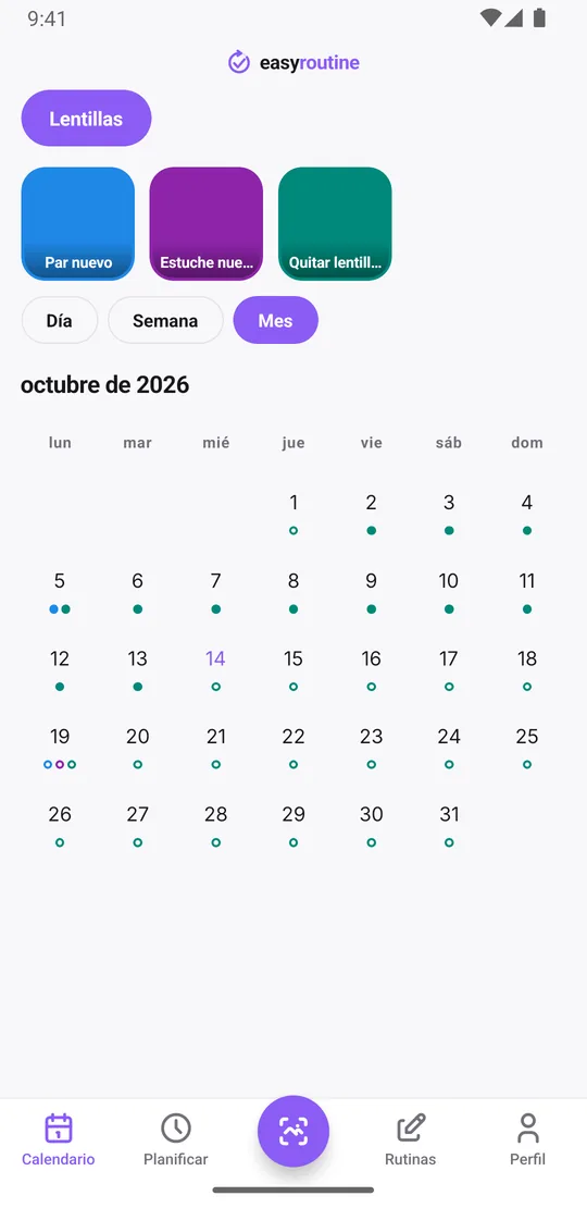 Vista mensual de EasyRoutine de la rutina Lentillas con puntos azules cada dos semanas para cada par nuevo y puntos verde azulado casi todas las noches por quitarse las lentillas
