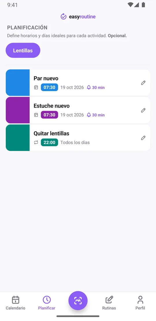 Pestaña Planificar de EasyRoutine para la rutina Lentillas con el próximo par nuevo y el próximo estuche en fechas sueltas, cada uno con la campana de aviso 30 minutos antes, y quitar lentillas todas las noches