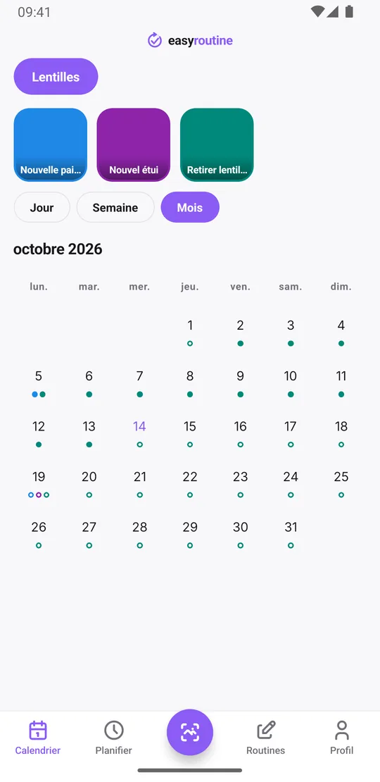 Vue mois d'EasyRoutine de la routine Lentilles avec des points bleus espacés de deux semaines pour chaque nouvelle paire et des points sarcelle la plupart des soirs pour le retrait