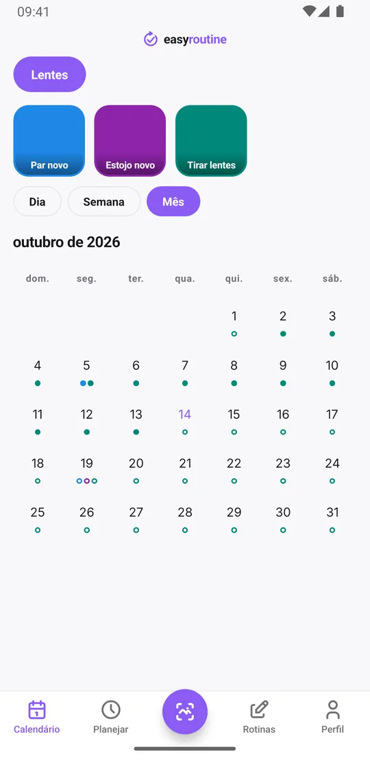 Visão mensal do EasyRoutine da rotina Lentes com pontos azuis a cada duas semanas para cada par novo e pontos verde-azulados na maioria das noites para tirar as lentes