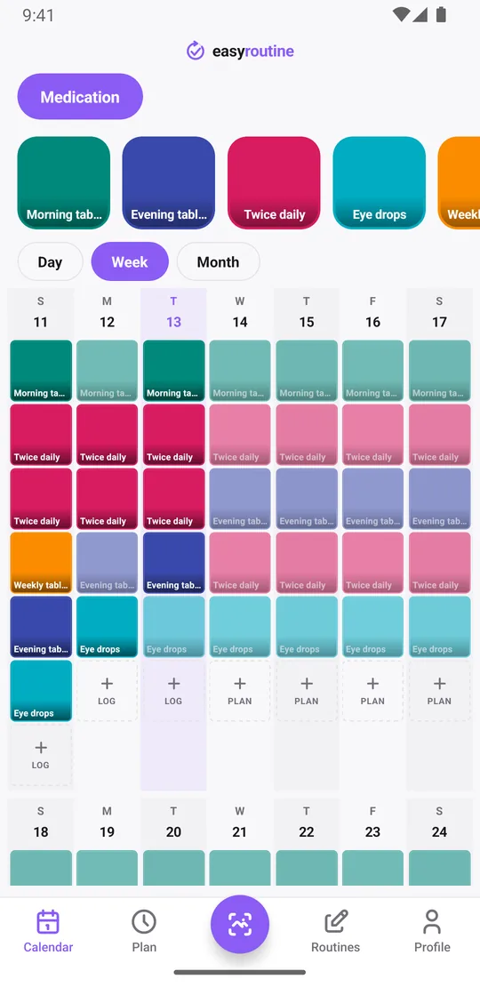 EasyRoutine week view of the Medication routine with colored tiles for each logged dose and faded entries for doses that are planned but not logged