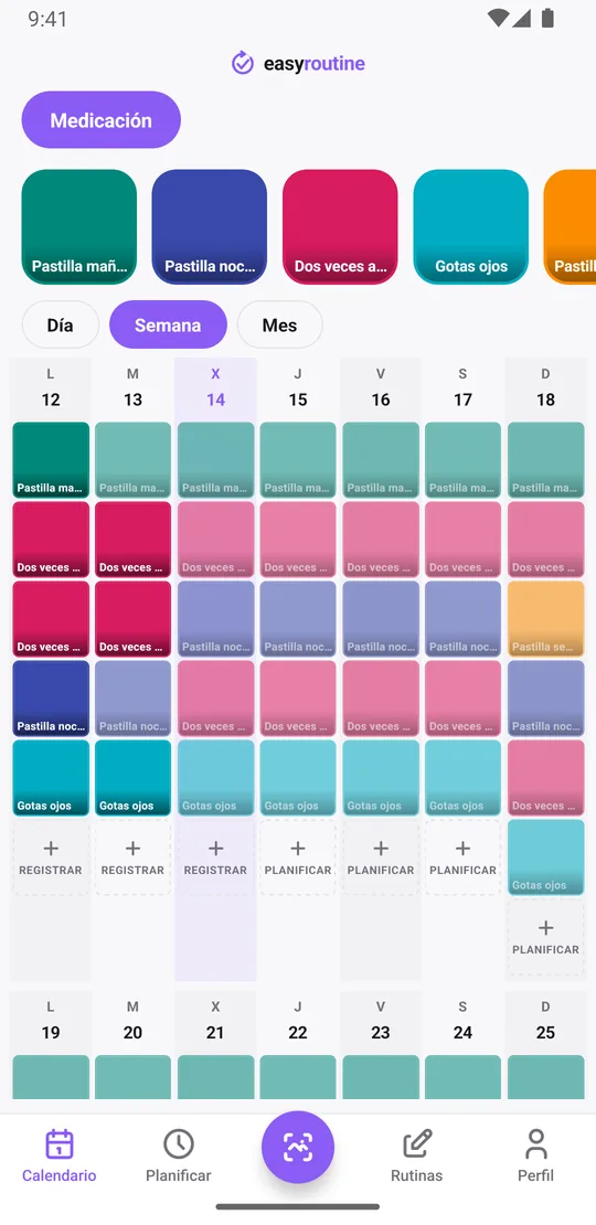Vista semanal de la rutina Medicación en EasyRoutine con casillas de color para cada toma registrada y entradas atenuadas para las tomas planificadas sin registrar