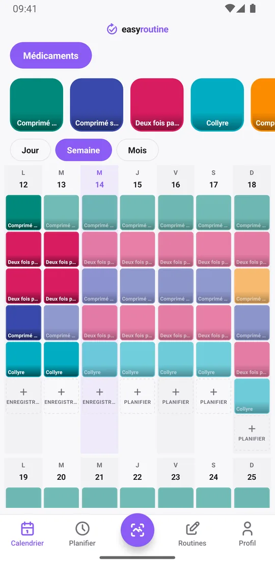 Vue semaine de la routine Médicaments dans EasyRoutine avec des tuiles colorées pour chaque prise enregistrée et des entrées estompées pour les prises prévues mais pas encore enregistrées