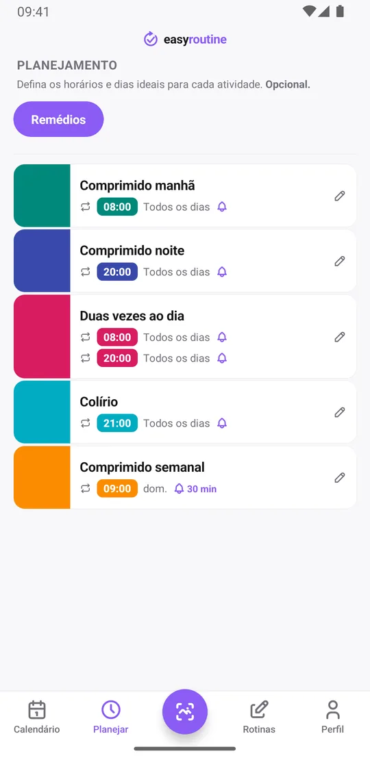 Aba Planejar do EasyRoutine para a rotina Remédios: comprimido da manhã todos os dias às 08:00, comprimido da noite todos os dias às 20:00, um remédio de duas vezes ao dia todos os dias às 08:00 e às 20:00, colírio todos os dias às 21:00, cada um com um sininho de lembrete na hora, e um comprimido semanal no domingo às 09:00 com um sininho 30 min antes