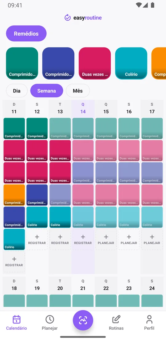 Visão semanal da rotina Remédios no EasyRoutine com quadradinhos coloridos para cada dose registrada e entradas esmaecidas para doses planejadas ainda não registradas