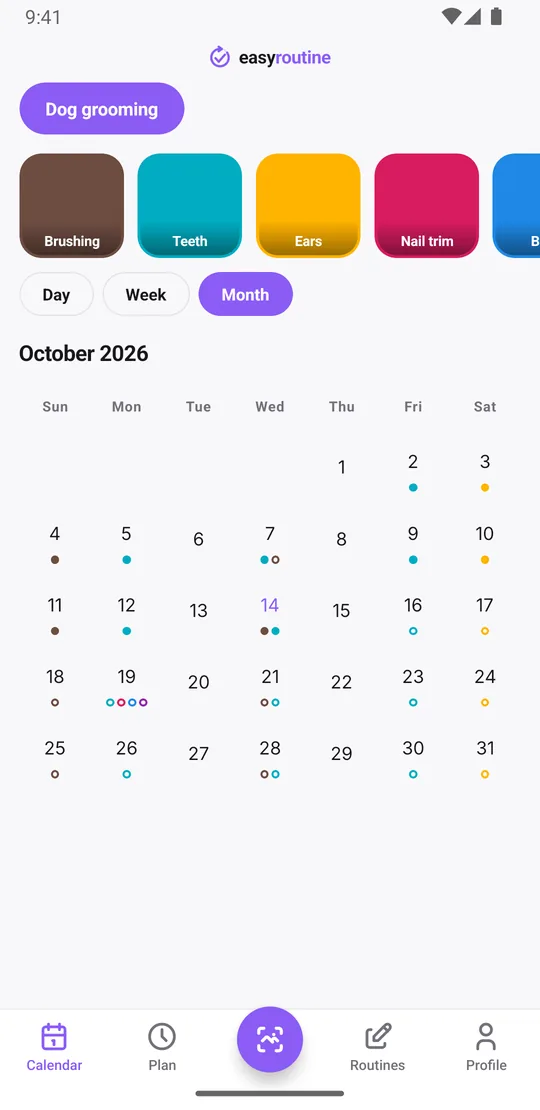 EasyRoutine month view of the Dog grooming routine with brown brushing dots twice a week, cyan teeth dots, yellow ear dots on Saturdays and occasional dots for nail trims, baths and a groomer visit