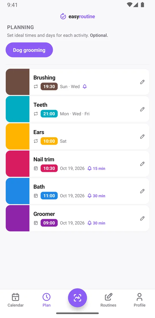 EasyRoutine Plan tab for the Dog grooming routine: Brushing on Sundays and Wednesdays at 19:30 with a reminder, Teeth on Monday, Wednesday and Friday at 21:00, Ears on Saturdays at 10:00, and single dates for Nail trim, Bath and Groomer