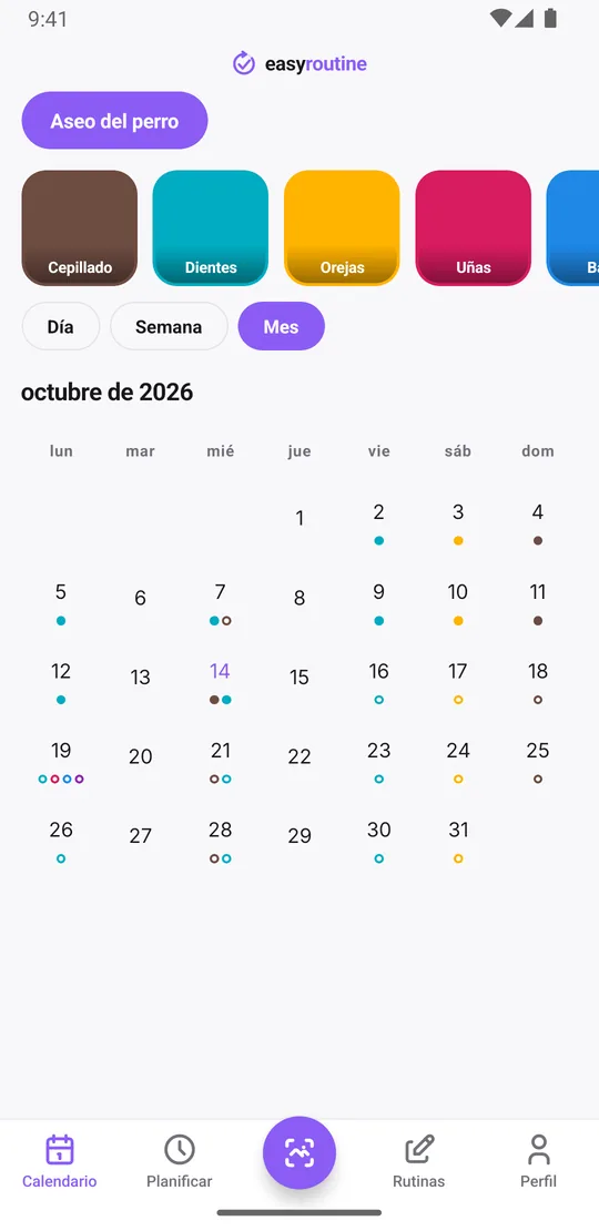 Vista Mes de EasyRoutine de la rutina Aseo del perro con puntos marrones de cepillado dos veces por semana, puntos cian de dientes, puntos amarillos de orejas los sábados y algunos puntos de uñas, baño y una visita a la peluquería