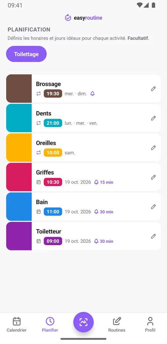 Onglet Planifier d'EasyRoutine pour la routine Toilettage : Brossage le dimanche et le mercredi à 19h30 avec un rappel, Dents le lundi, le mercredi et le vendredi à 21h, Oreilles le samedi à 10h, et des dates uniques pour Griffes, Bain et Toiletteur