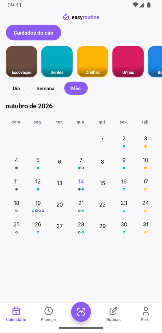 Visão Mês do EasyRoutine da rotina Cuidados do cão com pontos marrons de escovação duas vezes por semana, pontos ciano de dentes, pontos amarelos de orelhas aos sábados e alguns pontos de unhas, banho e uma ida ao pet shop