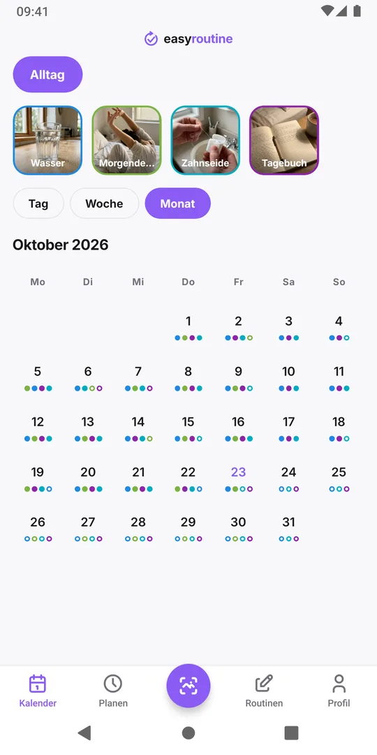 EasyRoutine-Monatsansicht einer Routine Alltag mit farbigen Punkten für Wasser, Morgendehnen, Zahnseide und Tagebuch an fast jedem Tag des Monats
